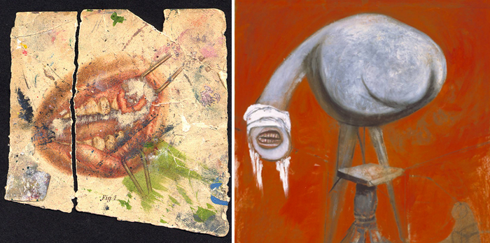 Left: Image from “Atlas-Manuel des maladies de la bouche,” first edition 1894. Right: Three Studies for Figures at the Base of a Crucifixion, central panel detail, Francis Bacon, 1944.