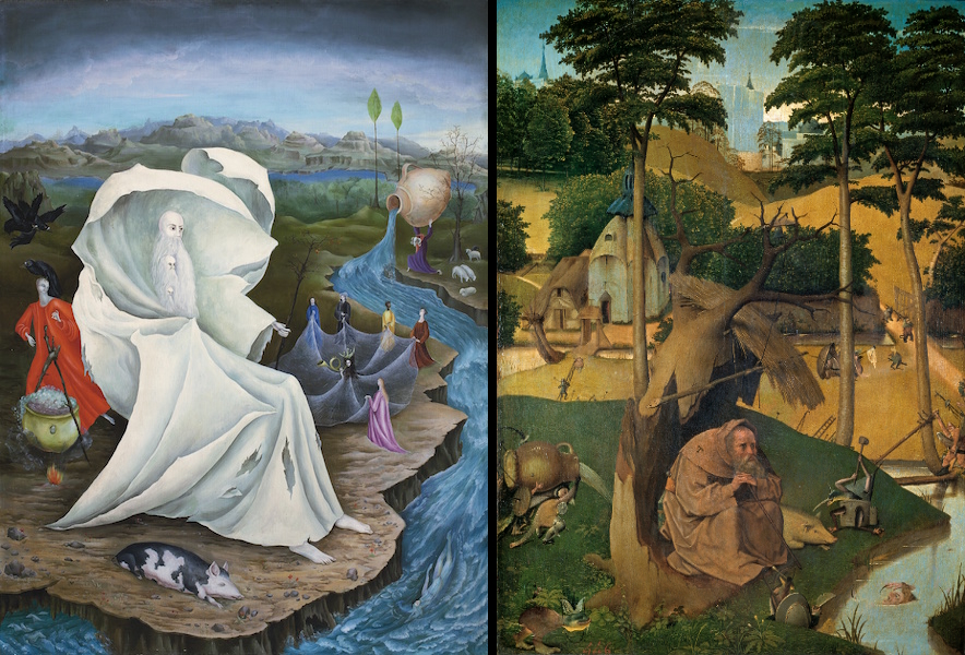 Left: The Temptation of St. Anthony, Hieronymus Bosch, c 1500-1525; Right: The Temptation of St. Anthony, Leonora Carrington, 1947