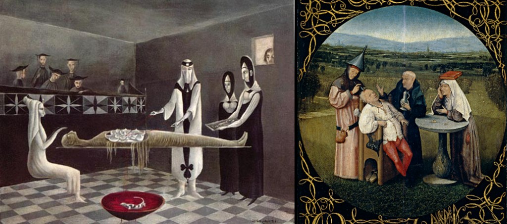 Left: Adieu Ammenotep, Leonora Carrington, 1960; Right: The Stone Operation, Hieronymous Bosch, c. 1494